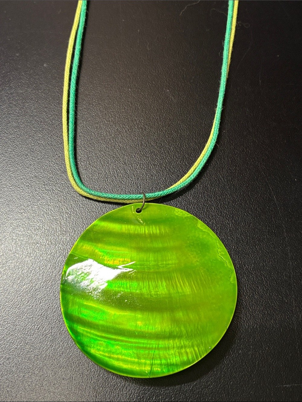Iridescent Lime Green Shell Round Pendant cord Necklace